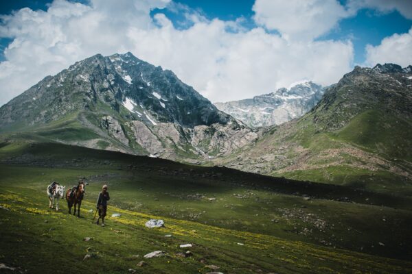 2 people walking on green grass field near snow covered mountain during daytime